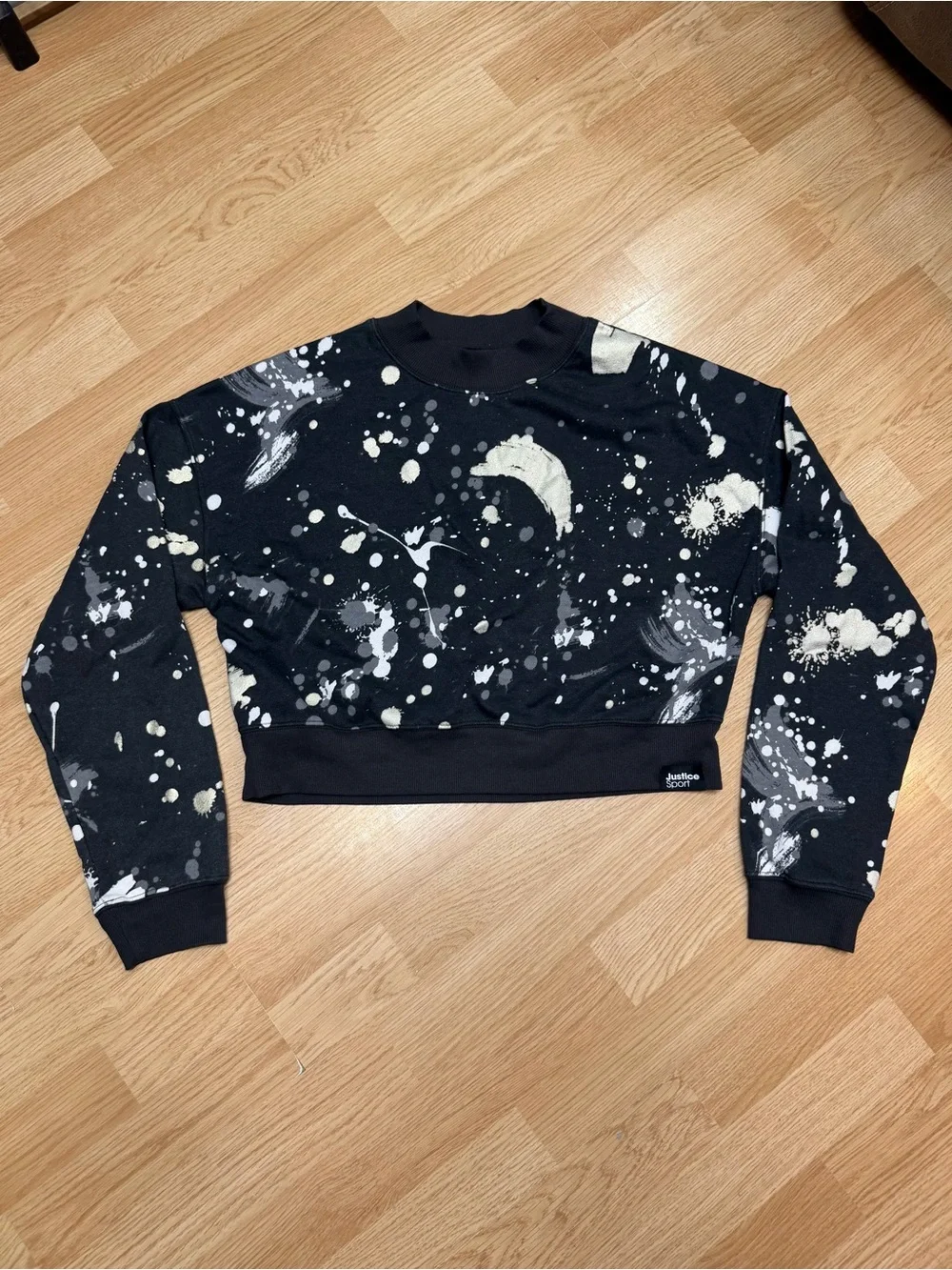 Justice Sport girls XL 16/18 black white paint splatter cropped sweatshirt
